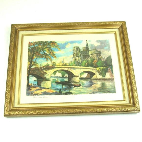 Vintage Notre Dame Paris Art Print YVO Gold Floral Frame Linen Lined 17x14 RARE